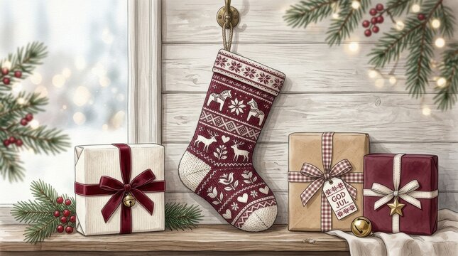 Christmas stocking hanging on a wooden wall with wrapped gifts and pine branches