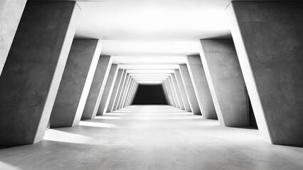 Naklejka premium A monochrome shot of a symmetrical concrete corridor with receding lines creating deep perspective and geometric order.