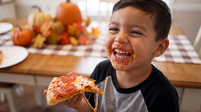 A joyful Latino toddler boy laughing while eating a cheesy pepperoni pizza slice at a National Pizza Month kitchen party, ideal for marketing and social media.