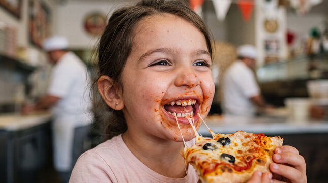 A delighted Mediterranean toddler girl eating an olive pizza slice in a warm pizzeria kitchen during National Pizza Month, ideal for festive marketing campaigns.
