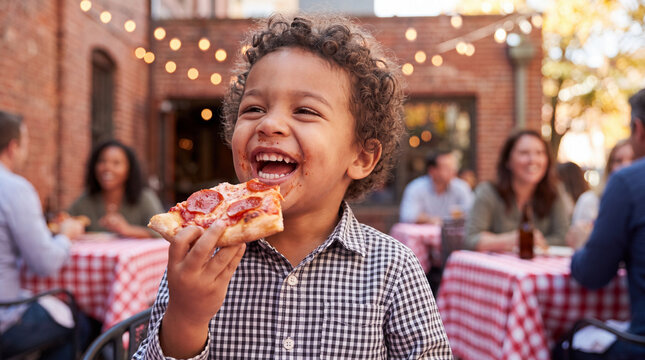 A cheerful mixed-race toddler boy taking a big bite of a Margherita pizza slice at a cozy National Pizza Month pizzeria, perfect for promotional posters.