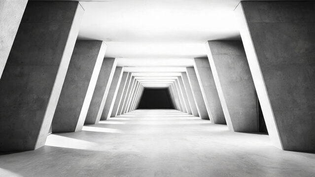 A monochrome shot of a symmetrical concrete corridor with receding lines creating deep perspective and geometric order.