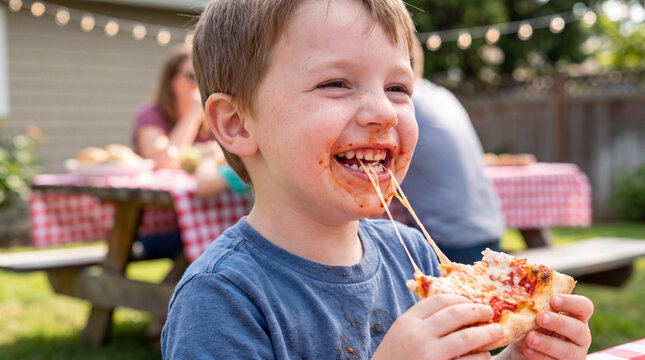 A joyful Caucasian toddler boy with freckles eating a Margherita pizza slice at a sunny backyard National Pizza Month picnic, perfect for holiday advertising.