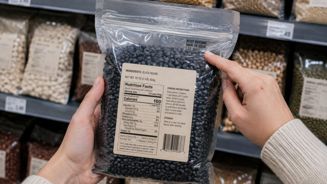 Woman checking expired food label on bag of black beans in supermarket aisle for safety and quality. concept of consumer awareness, food safety, expiration date check