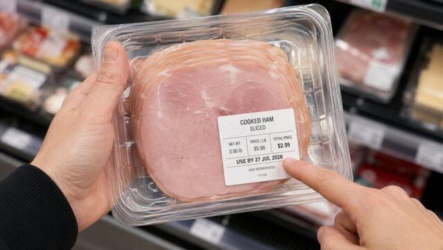 Person checking sliced ham expiration date in supermarket, focus on product labeling and food safety awareness, careful shopping practice, grocery store essentials