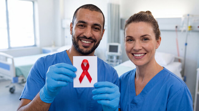 A Middle Eastern doctor shows a red ribbon card next to a Caucasian nurse in a hospital room for National Red Ribbon Week awareness content.