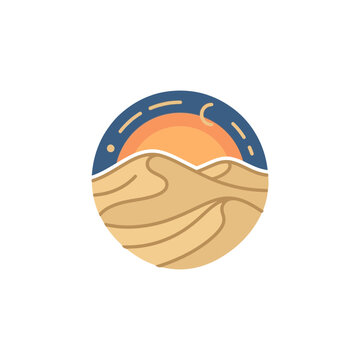 Desert Sand Dunes Landscape Badge with Sun and Night Sky Vector Illustration