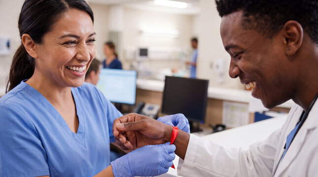 A Hispanic nurse ties a red ribbon bracelet on a young Black doctor at a bright nurse station for National Red Ribbon Week campaign photos.