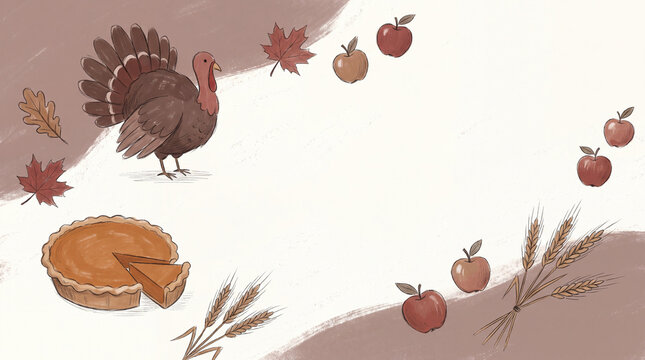 Cozy Thanksgiving turkey, pie, leaves, apple and wheat pattern for warm autumn greeting cards and banners.