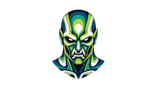 Abstract illustration of a futuristic green alien warrior head.