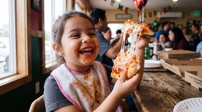 A happy Hispanic toddler girl with cheese on her cheeks eating a slice at a family National Pizza Month pizzeria table, great for social media marketing.