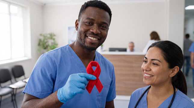 A Black doctor holds a red ribbon plush beside a Hispanic nurse in a hospital reception for National Red Ribbon Week friendly marketing.