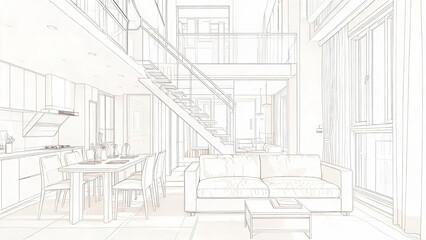 Fototapeta premium A line art sketch of a modern duplex interior featuring open plan living, dining, kitchen spaces, and a central staircase.