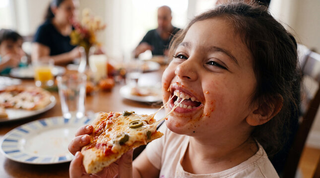 A happy Middle Eastern toddler girl with an olive pizza slice at a warm family dinner celebrating National Pizza Month, great for marketing and social media.