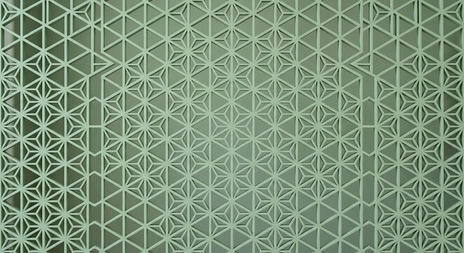 Intricate interlocking hexagonal Kumiko lattice painted in matte sage green