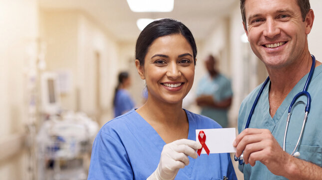A Middle Eastern nurse holds a red ribbon card beside a Caucasian doctor in a hospital corridor for National Red Ribbon Week warm posters.