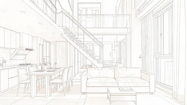 A line art sketch of a modern duplex interior featuring open plan living, dining, kitchen spaces, and a central staircase.