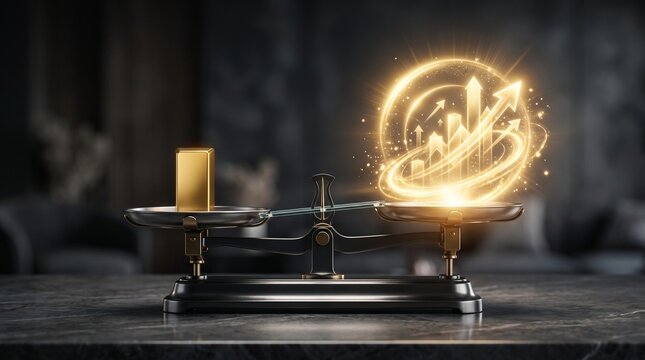 Balance Scale Weighing Gold Bar Against Glowing Growth Chart, Financial Decision and Investment Concept