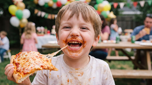 A laughing Caucasian toddler boy with a pizza sauce mustache eating a tomato pizza slice at a birthday National Pizza Month party, ideal for promotional content.