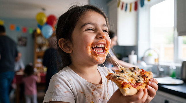 A smiling Middle Eastern toddler girl enjoying a mushroom pizza slice in a bright home kitchen for National Pizza Month, great for family-oriented advertising.