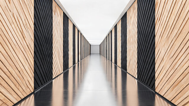 A long, symmetric modern corridor with alternating light wood and black striped wall panels, reflective floor, and minimalist design.