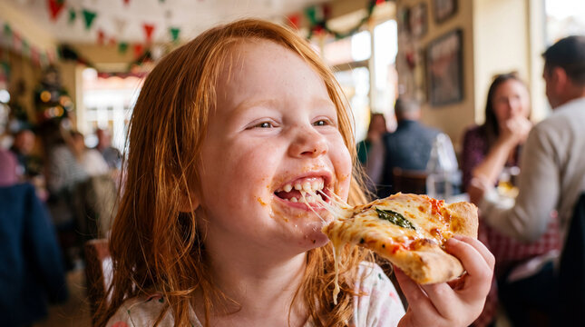 A giggling Caucasian toddler girl with curly red hair eating a basil pizza slice at an Italian restaurant for National Pizza Month, ideal for food marketing.