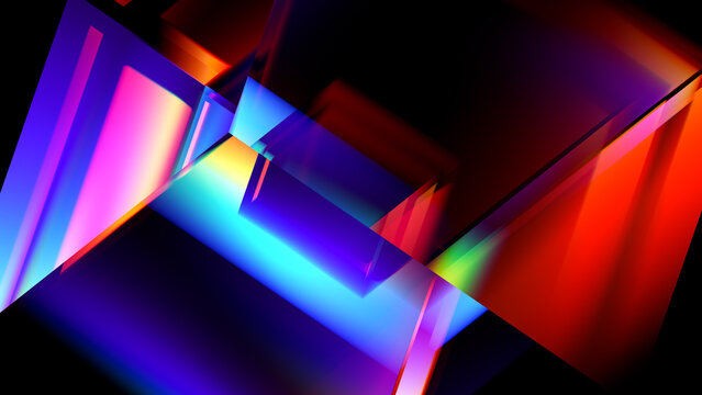 Colorful glass geometry with intersecting cubes and intense spectral reflections. Futuristic background with geometric glass forms and vibrant prismatic colors for creative visual projects. 3d render
