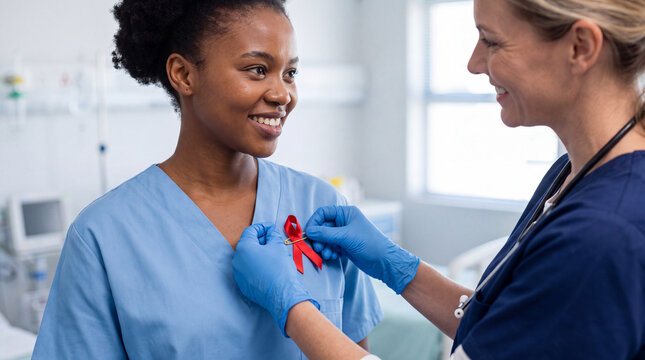A Caucasian doctor pins a red ribbon badge on a young Black nurse in a hospital room for National Red Ribbon Week collaborative posters.