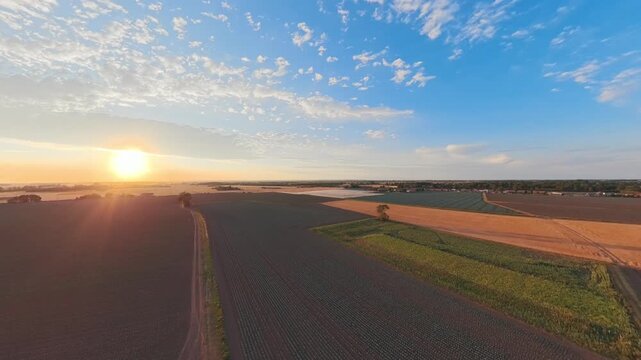 Golden sun dips low, casting long shadows across fields. Sky glows with soft hues of blue and amber. Farming land stretches, divided by neat rows and paths. Lincolnshire