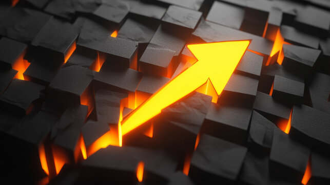 Glowing golden rising arrow against a black square background, representing business growth and success
