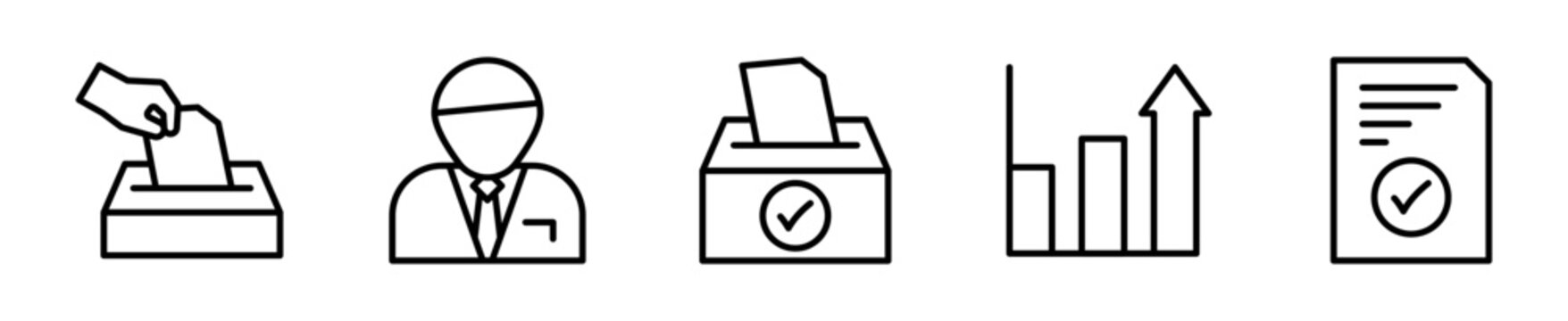 Set de iconos de votaciones y elecciones. Votar, candidato, resultados electorales, papeleta electoral y democracia. Vector outline