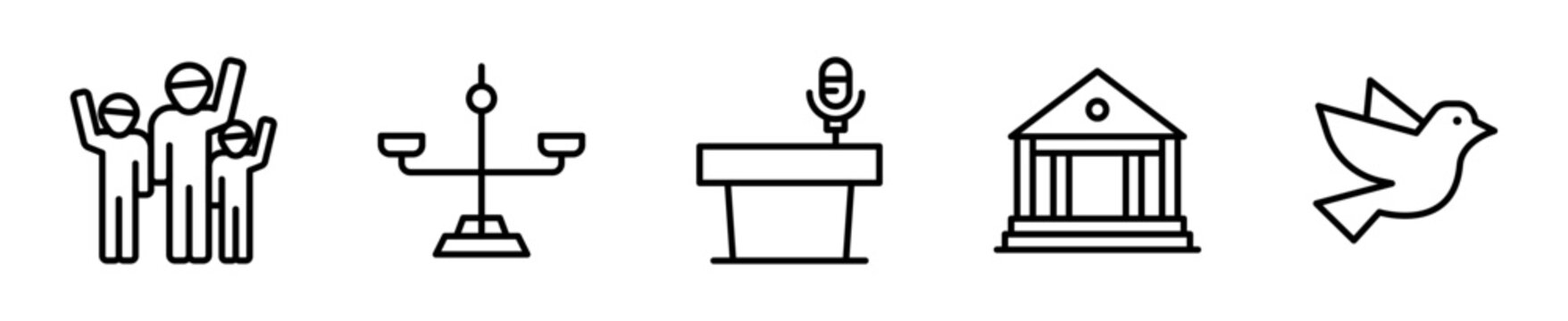 Set de iconos de pol&iacute;tica y democracia. Gobierno, debate pol&iacute;tico, participaci&oacute;n ciudadana, ley y justicia y libertad de expresi&oacute;n. Vector outline