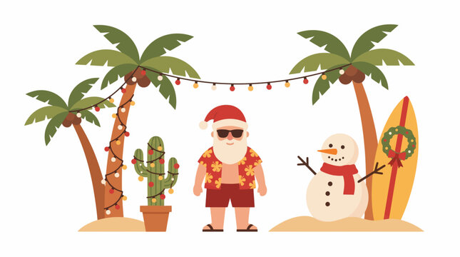 Santa Claus enjoying a tropical Christmas with a snowman and surfboard