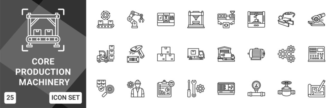 Core Production Machinery  Icon set collection. Vector icon pack featuring thematic icons for your presentations or business.