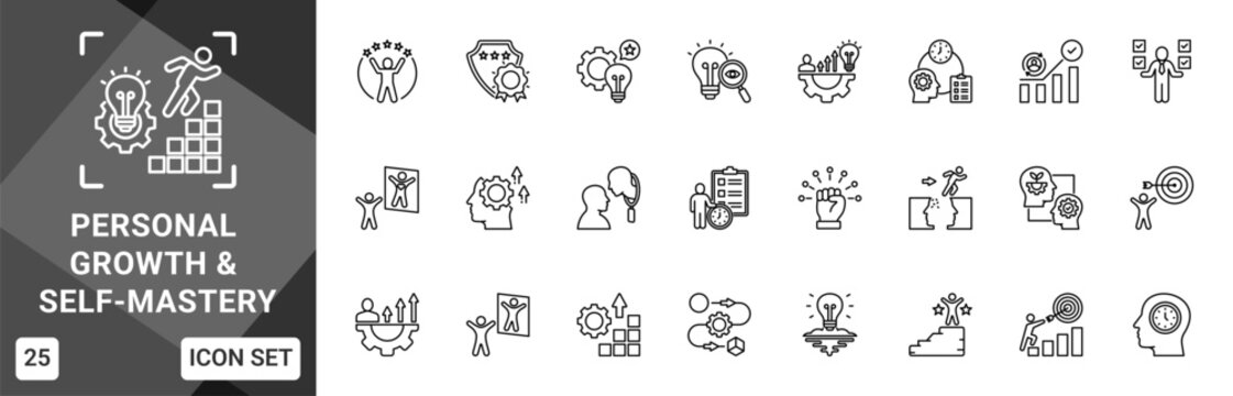 Personal Growth And Self-Mastery  Icon set collection. Vector icon pack featuring thematic icons for your presentations or business.