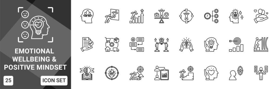 Emotional Wellbeing And Positive Mindset  Icon set collection. Vector icon pack featuring thematic icons for your presentations or business.