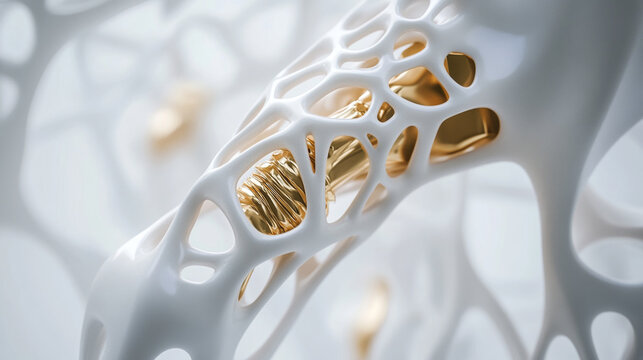 White mesh structure enclosing golden abstract art