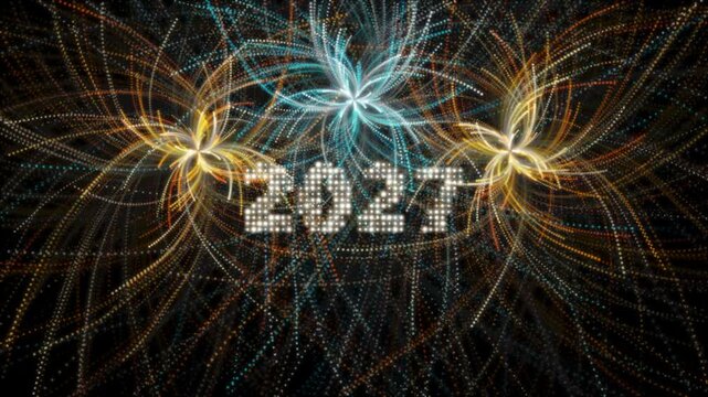 Happy New Year 2027 Glowing LED Fireworks Particle Overlay 4K, fireworks in the sky