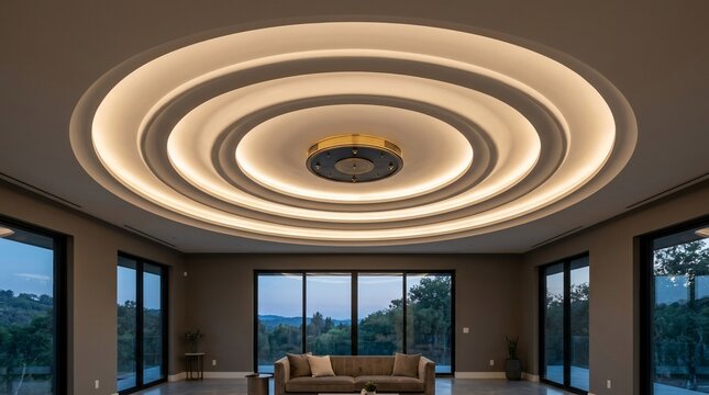 Modern interior design featuring circular ceiling light and large windows