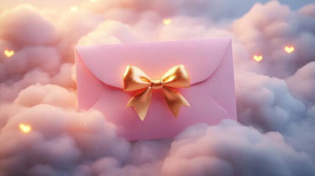 Pink Bow Envelope in a Dreamy Cloud Sea