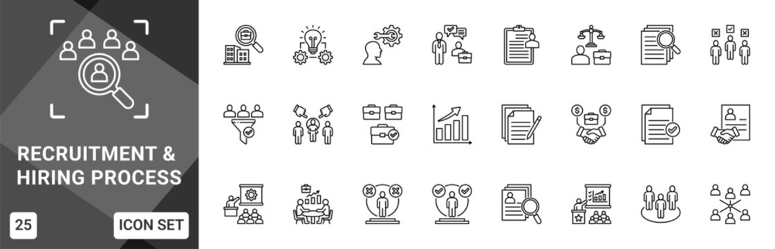 Recruitment And Hiring Process  Icon set collection. Vector icon pack featuring thematic icons for your presentations or business.