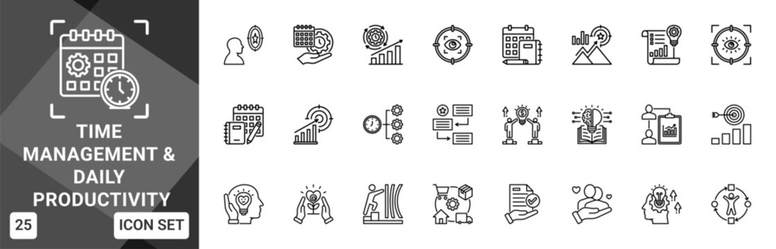 Time Management And Daily Productivity  Icon set collection. Vector icon pack featuring thematic icons for your presentations or business.