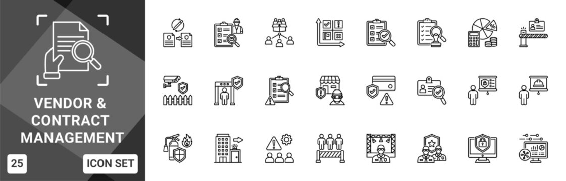 Vendor And Contract Management  Icon set collection. Vector icon pack featuring thematic icons for your presentations or business.