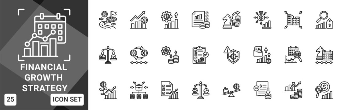 Financial Growth Strategy  Icon set collection. Vector icon pack featuring thematic icons for your presentations or business.