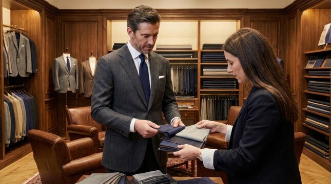 Tailor and customer reviewing fabric samples in luxury boutique.