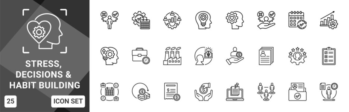 Stress, Decisions And Habit Building  Icon set collection. Vector icon pack featuring thematic icons for your presentations or business.
