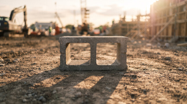 Single concrete cinder block sitting on dirt ground at a construction site with heavy machinery in the background