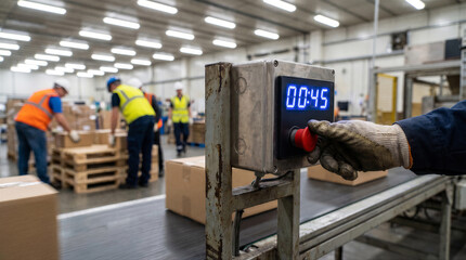 Fototapeta premium Warehouse worker pressing emergency stop button on conveyor belt control panel with digital timer display in logistics center