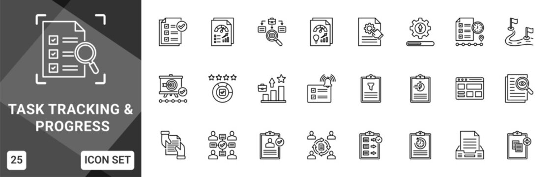 Task Tracking And Progress  Icon set collection. Vector icon pack featuring thematic icons for your presentations or business.