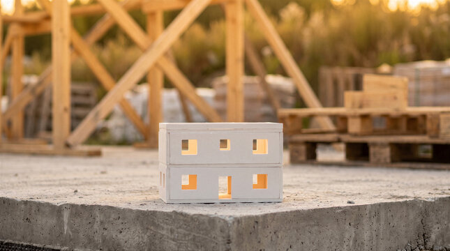 Miniature model of a twostory house made of white blocks placed on a concrete foundation at a construction site